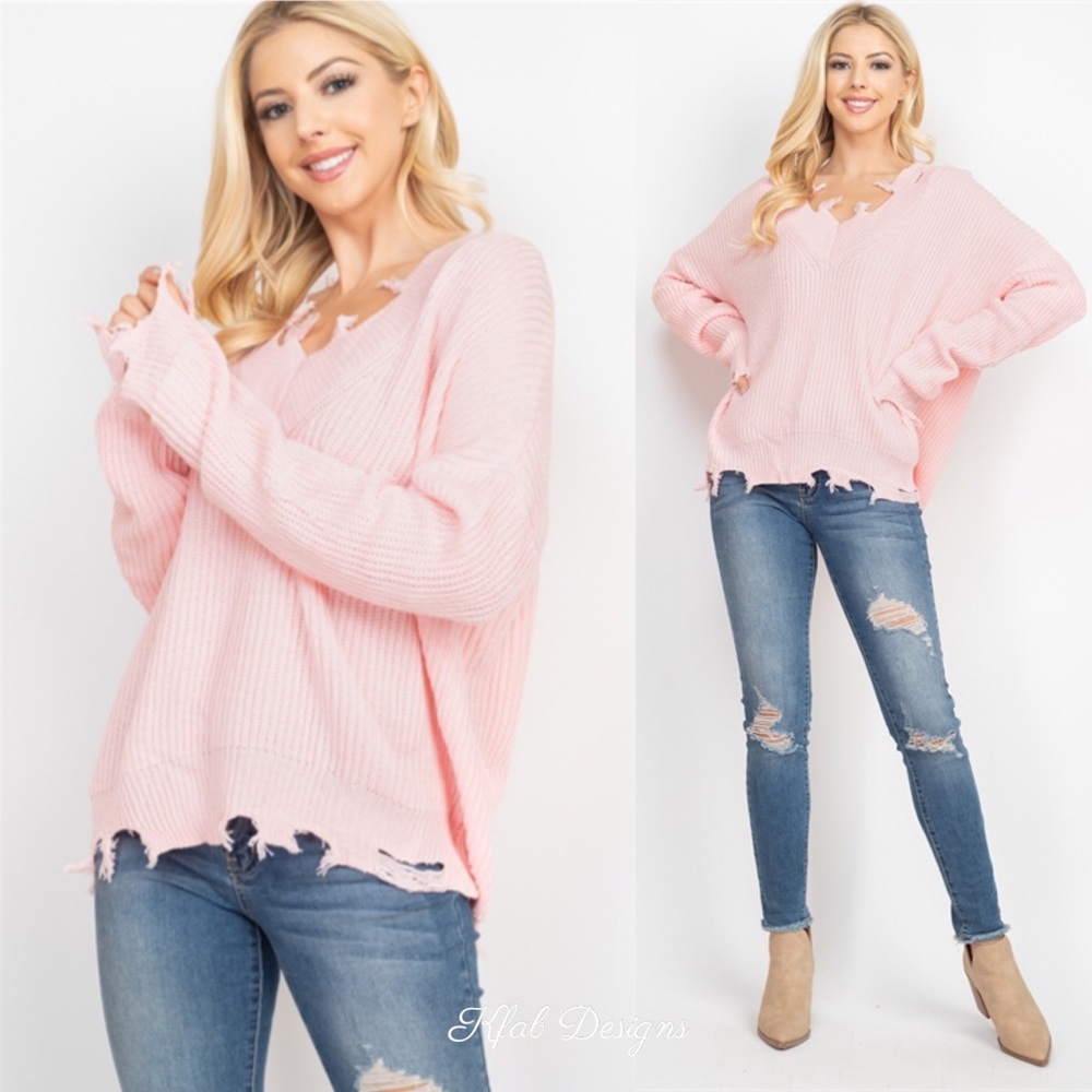 LAST! V Neck Pink Oversized Destroyed Sweater! - Picture 3 of 5
